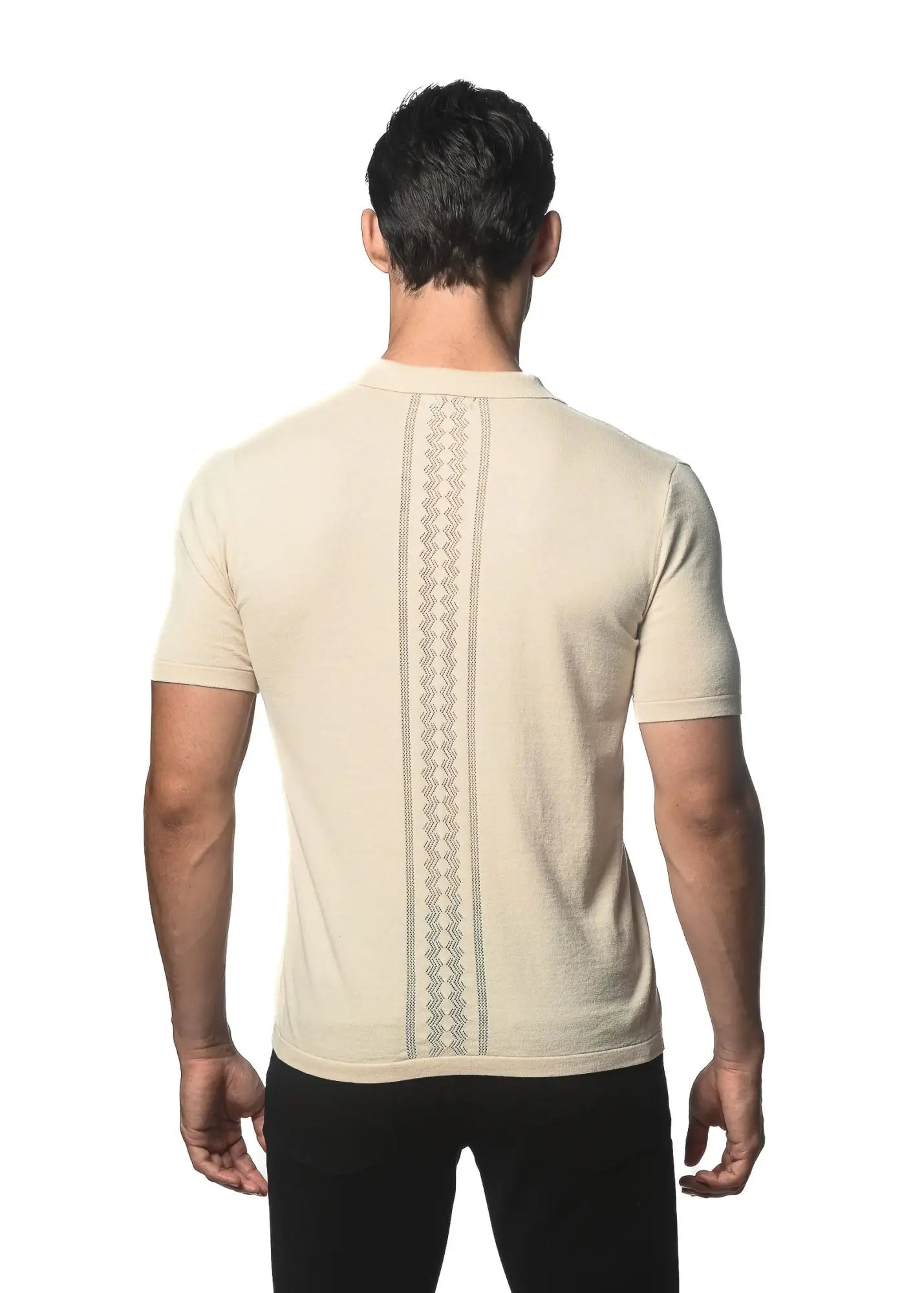 Beige cotton knit textured button front shirt showing back with vertical geometric pattern on short sleeves