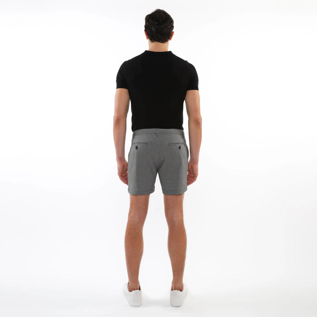 Gray textured jacquard stretch chino shorts with subtle weave pattern and black button details