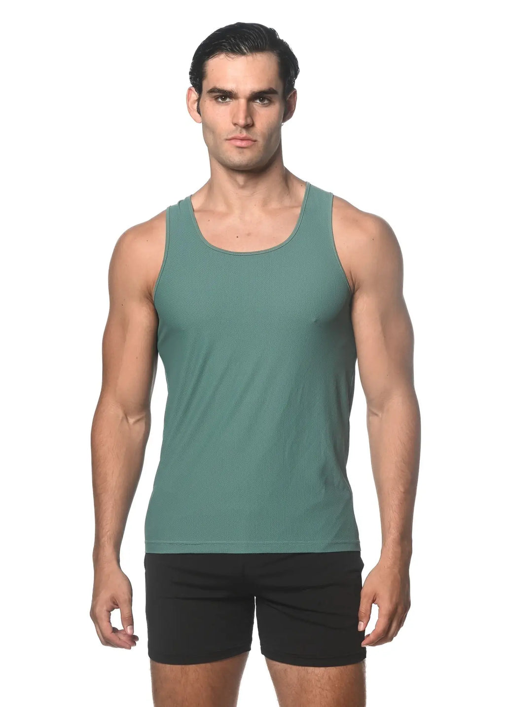 A sleek teal textured mesh performance tank top with subtle weave and rounded neckline for athletic use