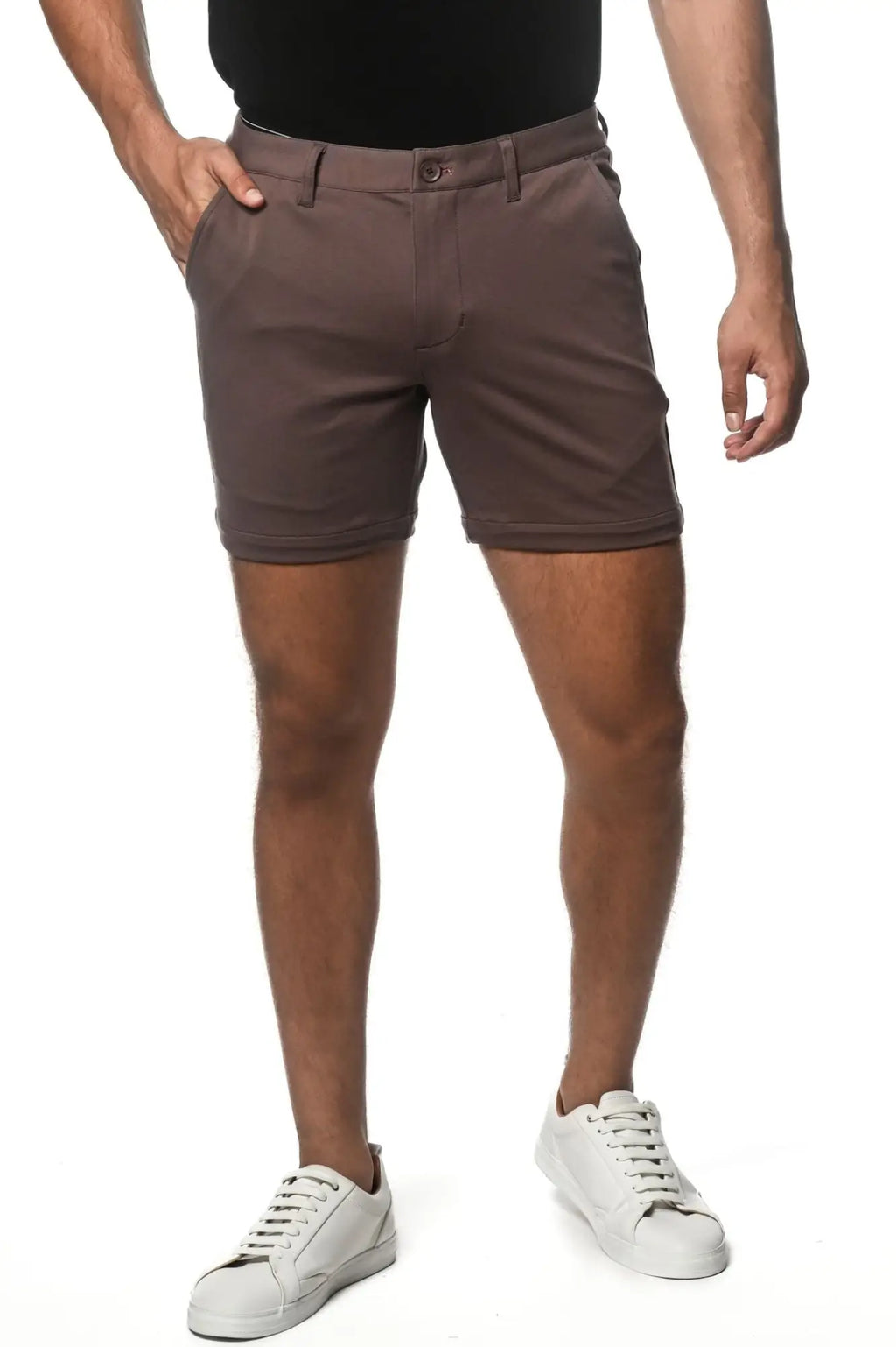 Brown textured stretch knit chino shorts with classic fit and button closure for casual wear