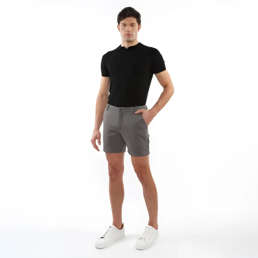 Gray textured stretch knit chino shorts with classic fit and button closure ideal for casual wear