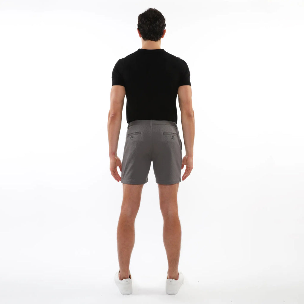 Gray textured stretch knit chino shorts with a sleek tailored fit and subtle side pockets