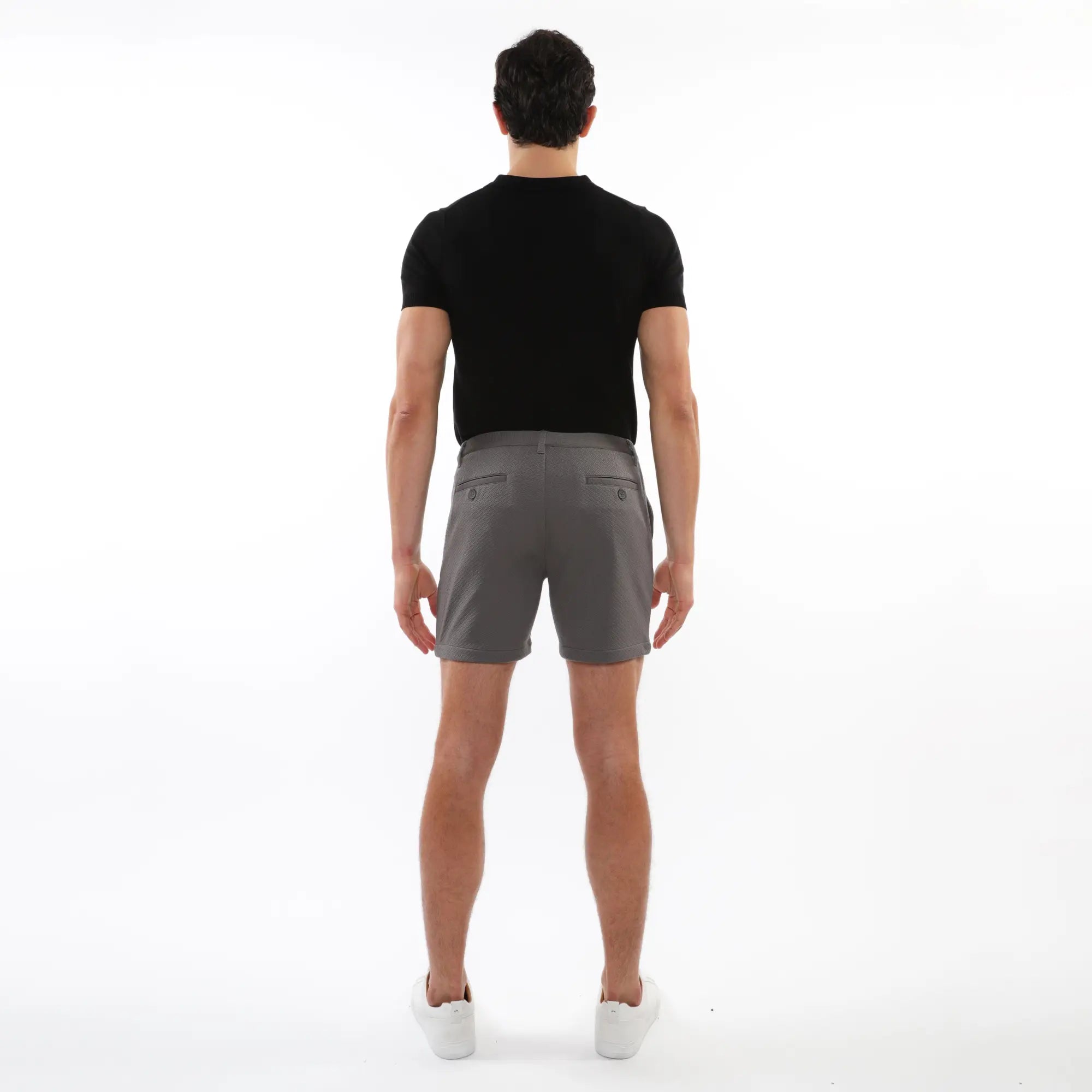 Gray textured stretch knit chino shorts with a sleek tailored fit and subtle side pockets