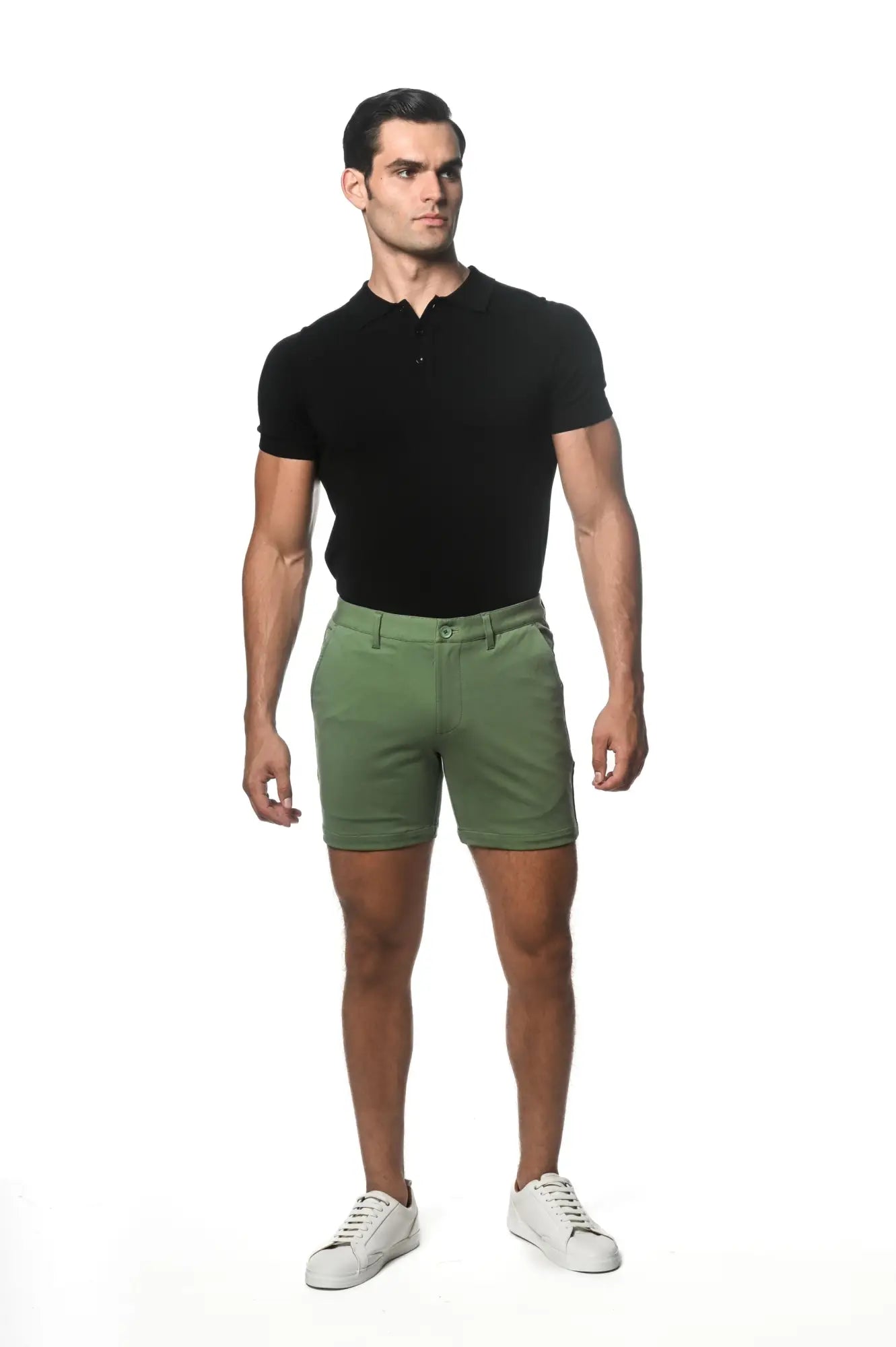 Olive green textured stretch knit chino shorts with classic fit and button closure for comfortable wear