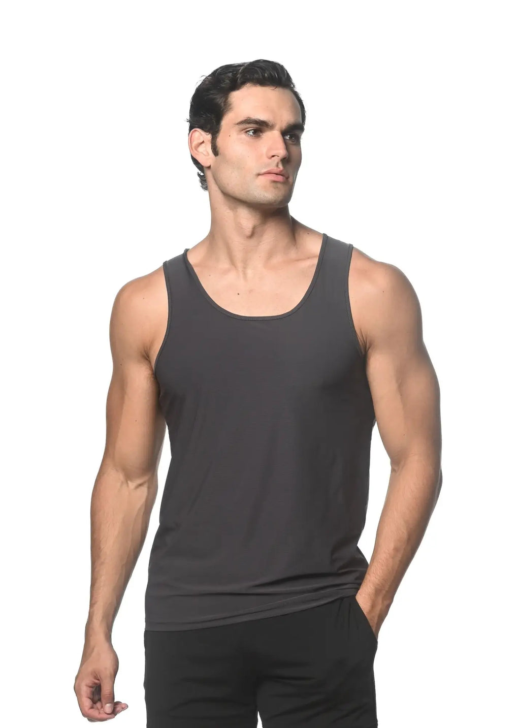 Black sleeveless textured stretch mesh performance tank top with a simple fitted design for active wear