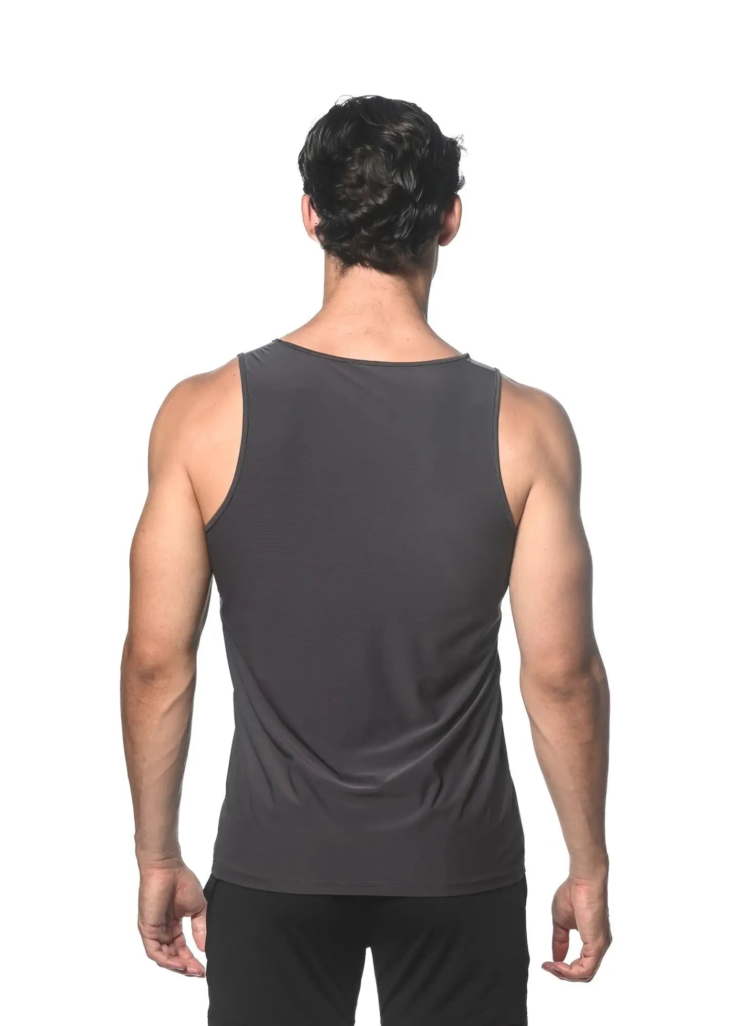 Dark gray sleeveless tank top in textured stretch mesh fabric with smooth form-fitting performance design