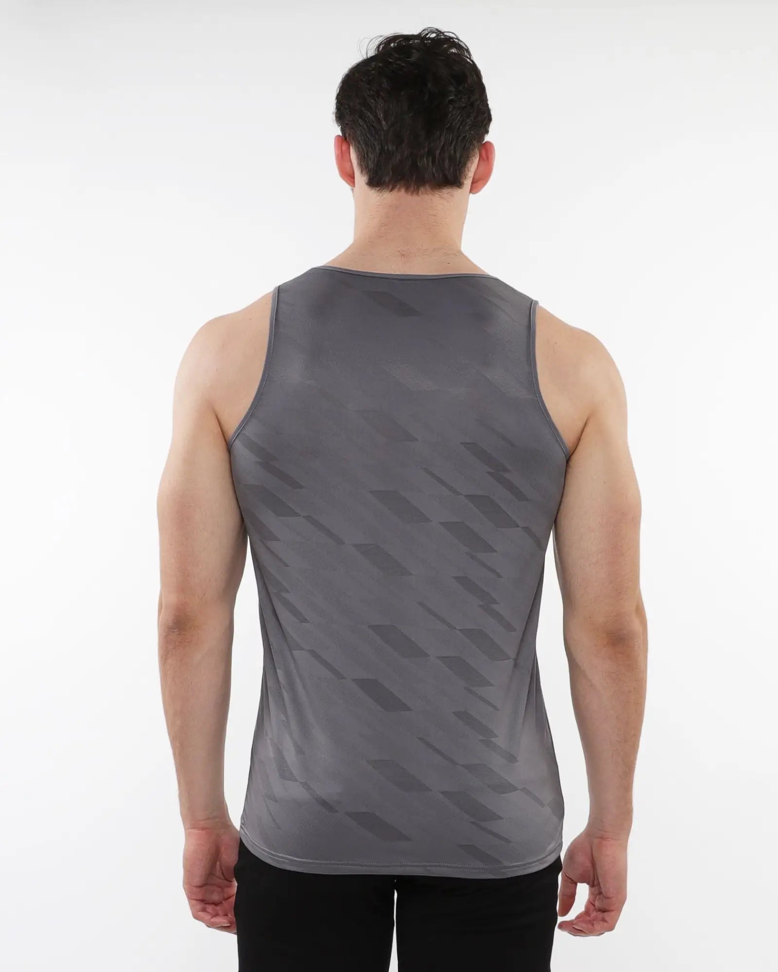 Gray textured stretch mesh performance tank top with subtle geometric pattern designed for athletic use