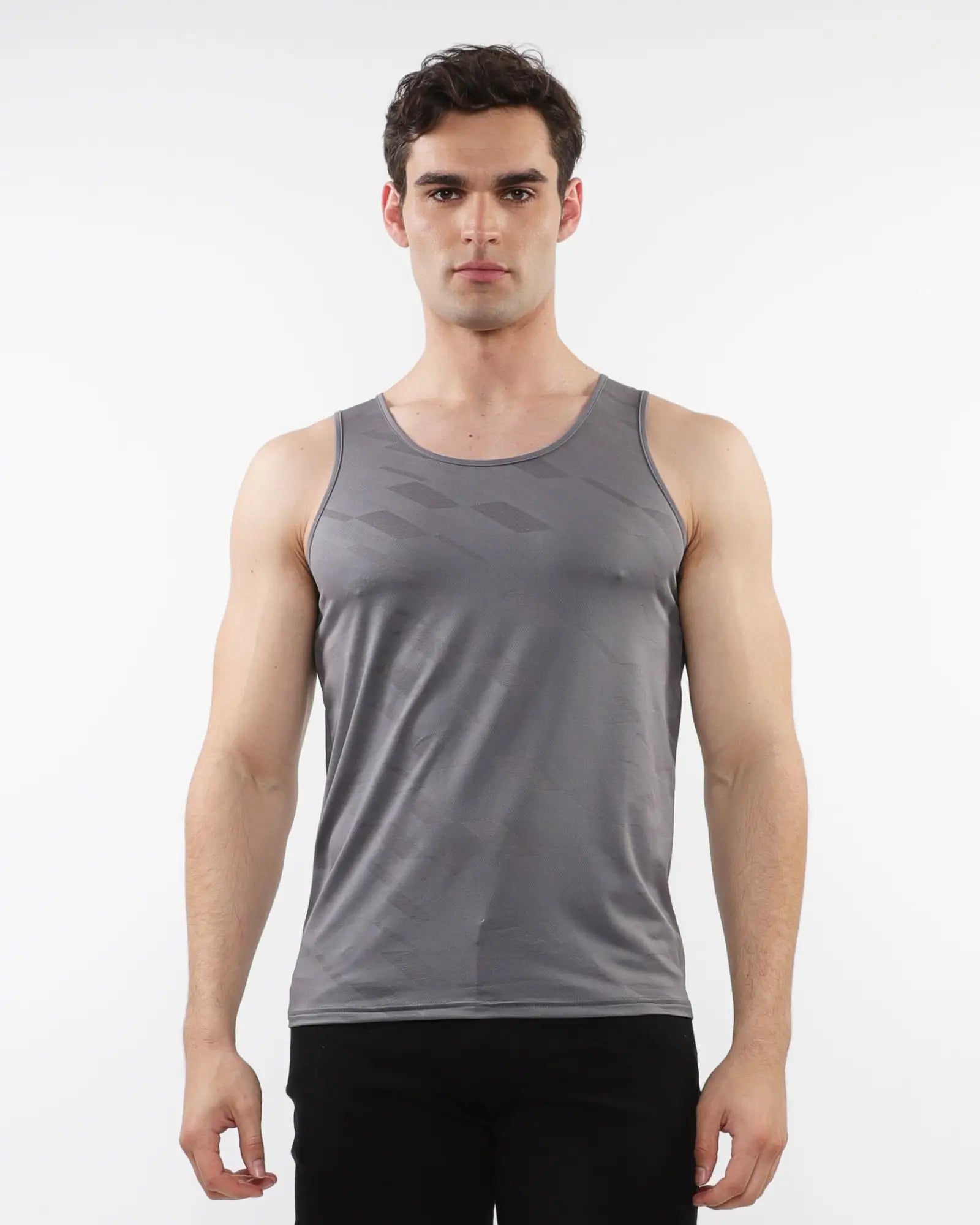 Gray athletic tank top with subtle geometric pattern made of textured stretch mesh for performance use