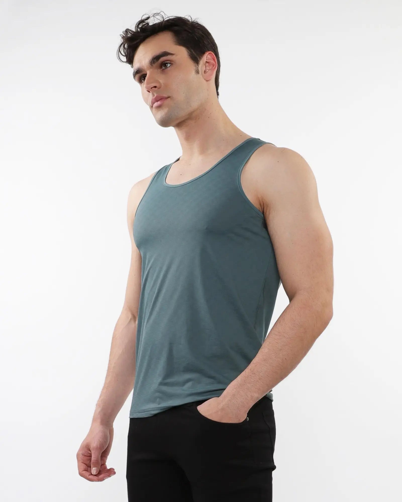 A sleek teal textured stretch mesh performance tank top with smooth form-fitting fabric and sleeveless design