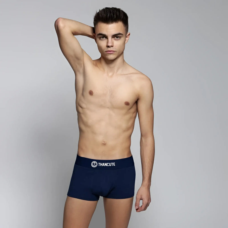 Navy blue Thancute basic trunk boxer briefs with white logo waistband in size L for comfortable everyday wear