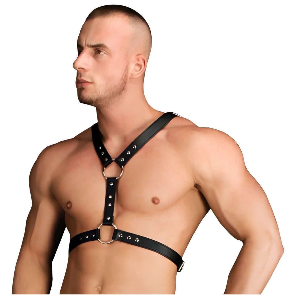 Black leather harness with silver metal rings and studs featured in the Thanos chest centerpiece design