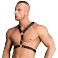Black leather harness with silver metal rings and studs featured in the Thanos chest centerpiece design