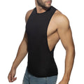 Black sleeveless athletic tank top with cutout back design thin flame low rider for workout and active wear