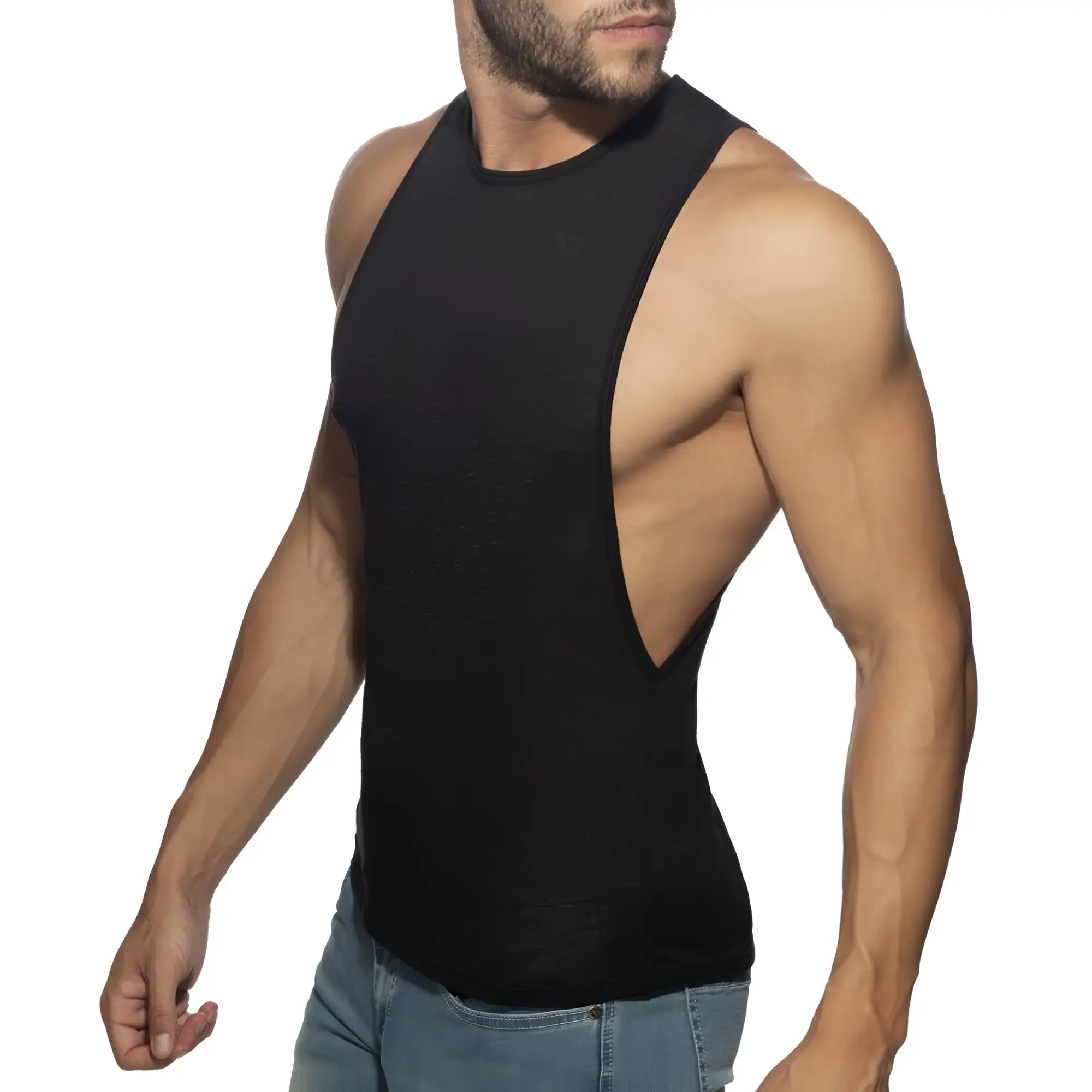 Black sleeveless athletic tank top with cutout back design thin flame low rider for workout and active wear