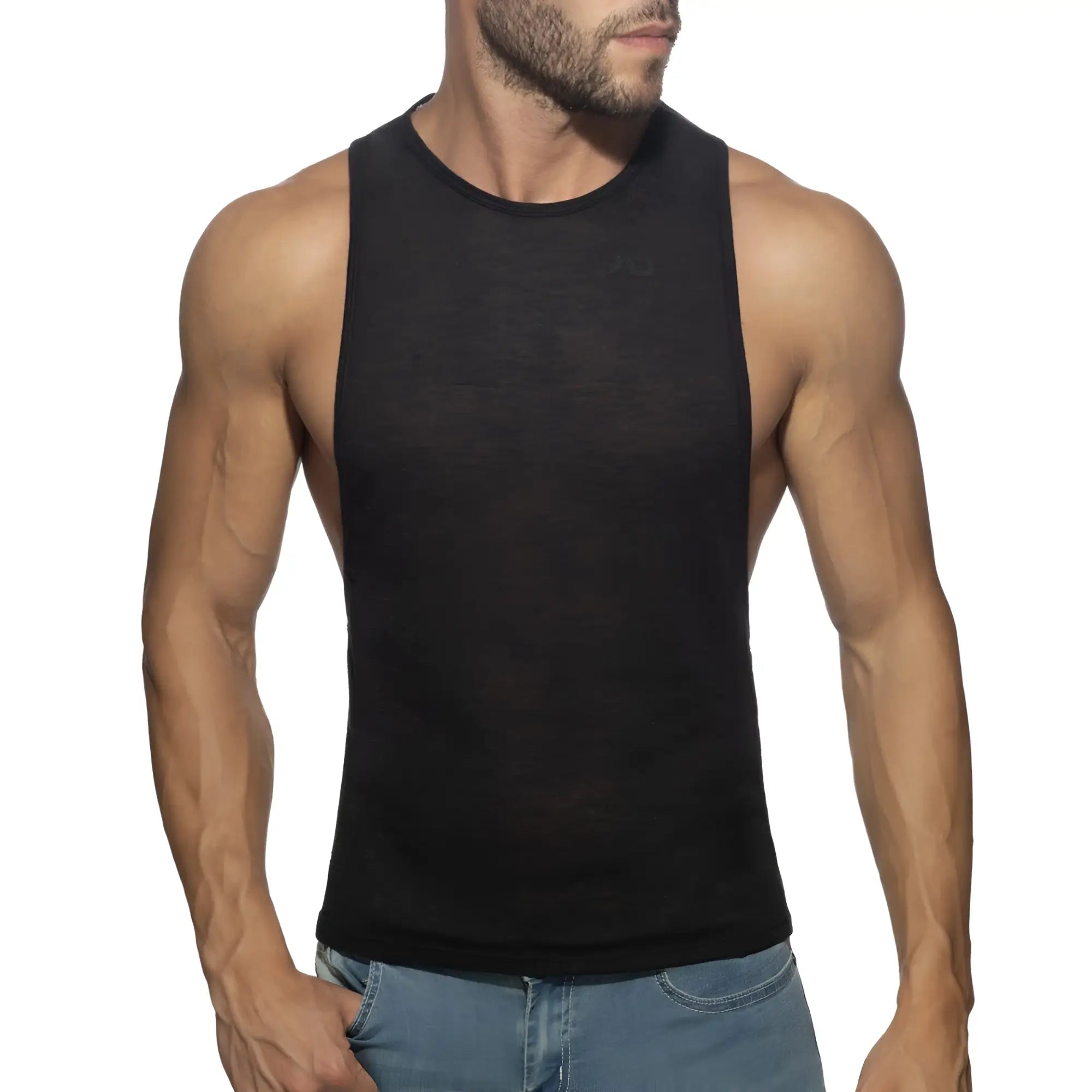 Black thin flame low rider sleeveless tank top with round neckline and fitted cut ideal for casual wear