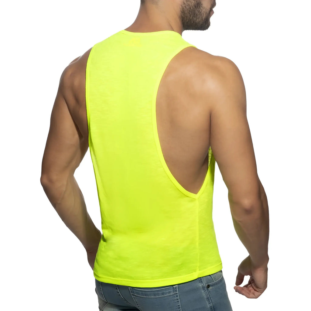 Bright neon yellow sleeveless thin flame low rider tank top with deep back cutout shown from the back side