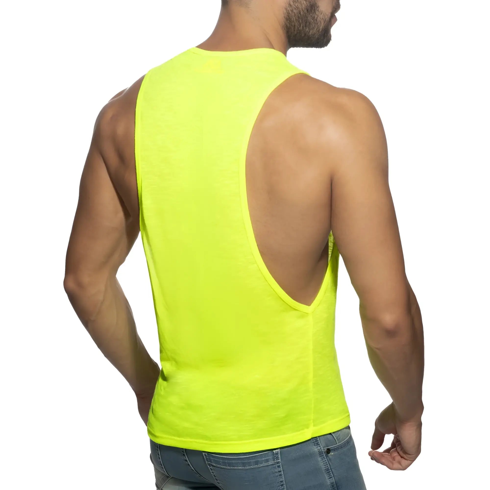 Bright neon yellow sleeveless thin flame low rider tank top with deep back cutout shown from the back side