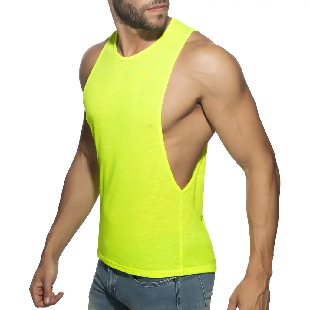 Bright neon yellow sleeveless tank top thin flame low rider showing distinctive back cutout for ventilation and style