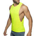 Bright neon yellow sleeveless tank top thin flame low rider showing distinctive back cutout for ventilation and style