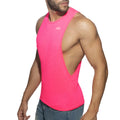 Bright pink thin flame low rider athletic tank top with distinctive cutout back and subtle chest logo