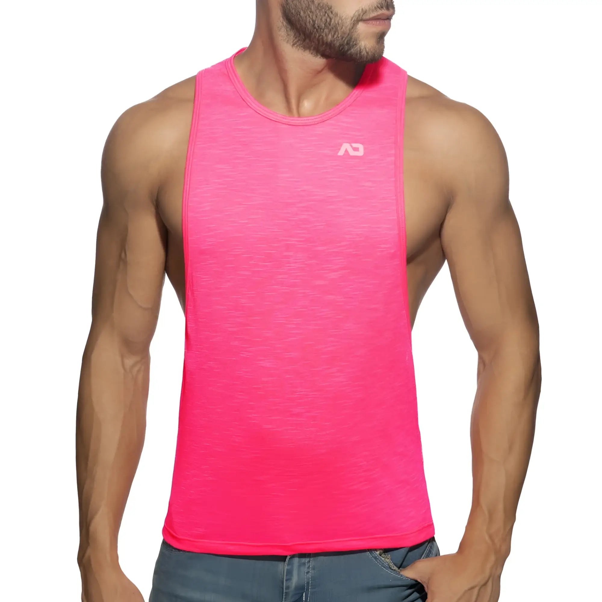 Bright pink thin flame low rider athletic tank top with subtle heathered texture and small white chest logo