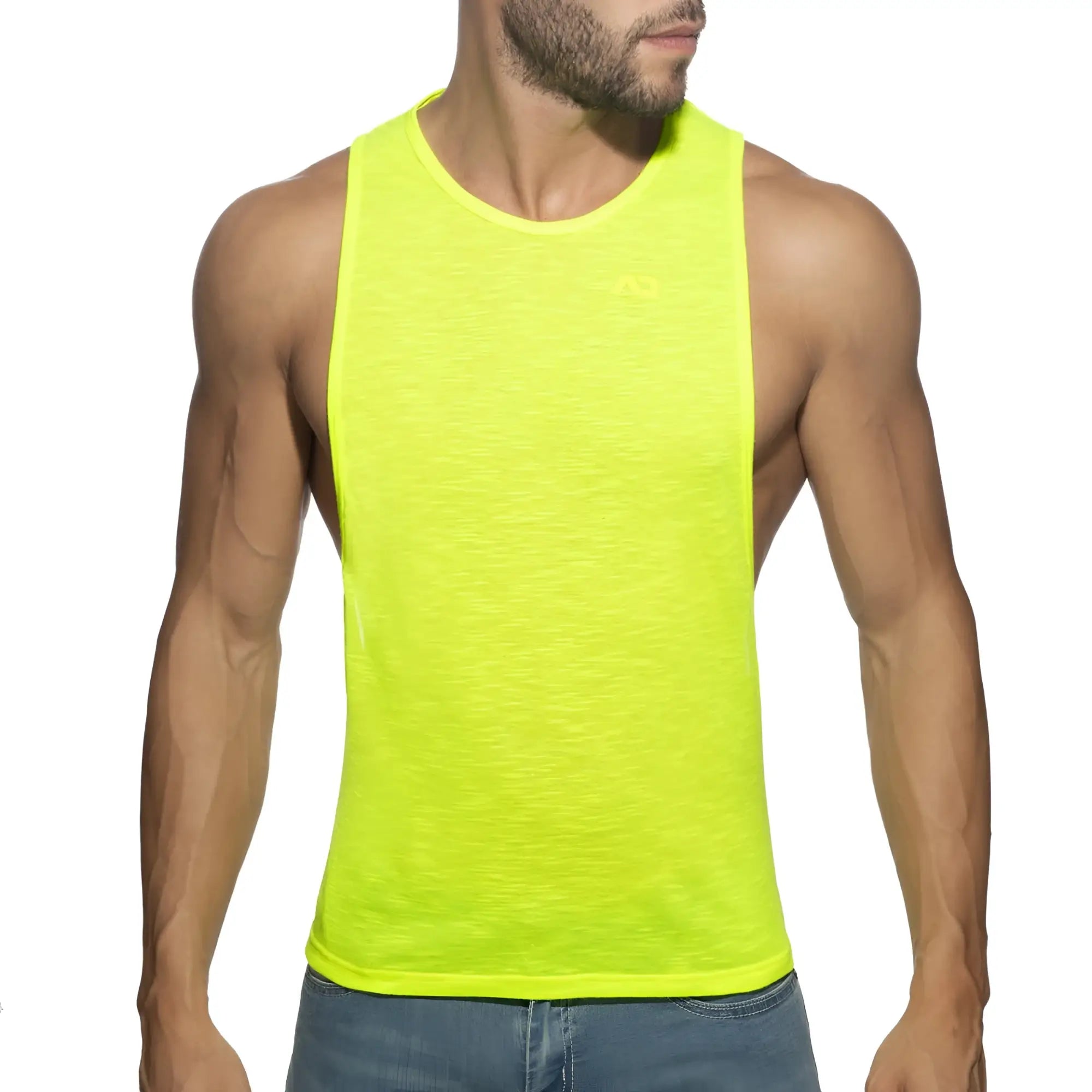 Neon yellow sleeveless athletic tank top thin flame low rider designed for lightweight performance and comfort
