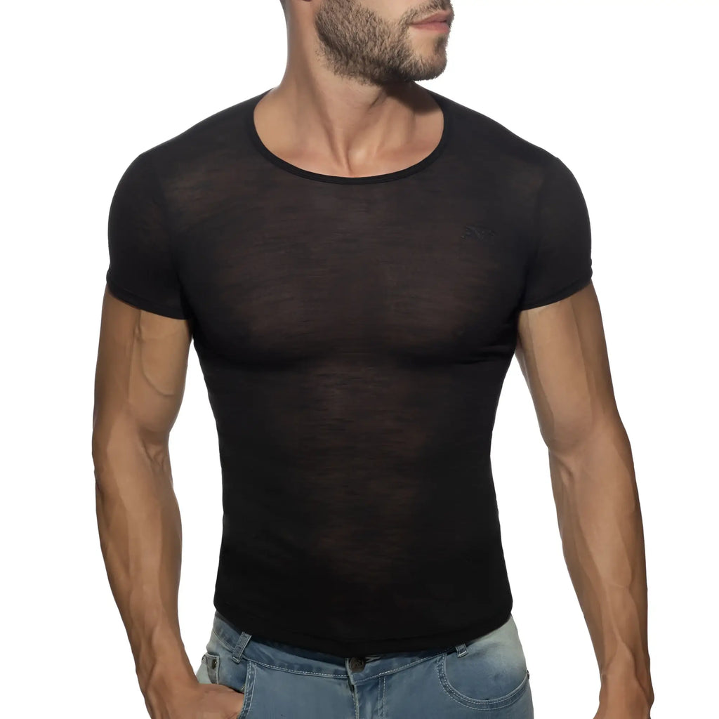 Thin flame t-shirt black sheer mesh short-sleeved with round neckline lightweight breathable casual wear