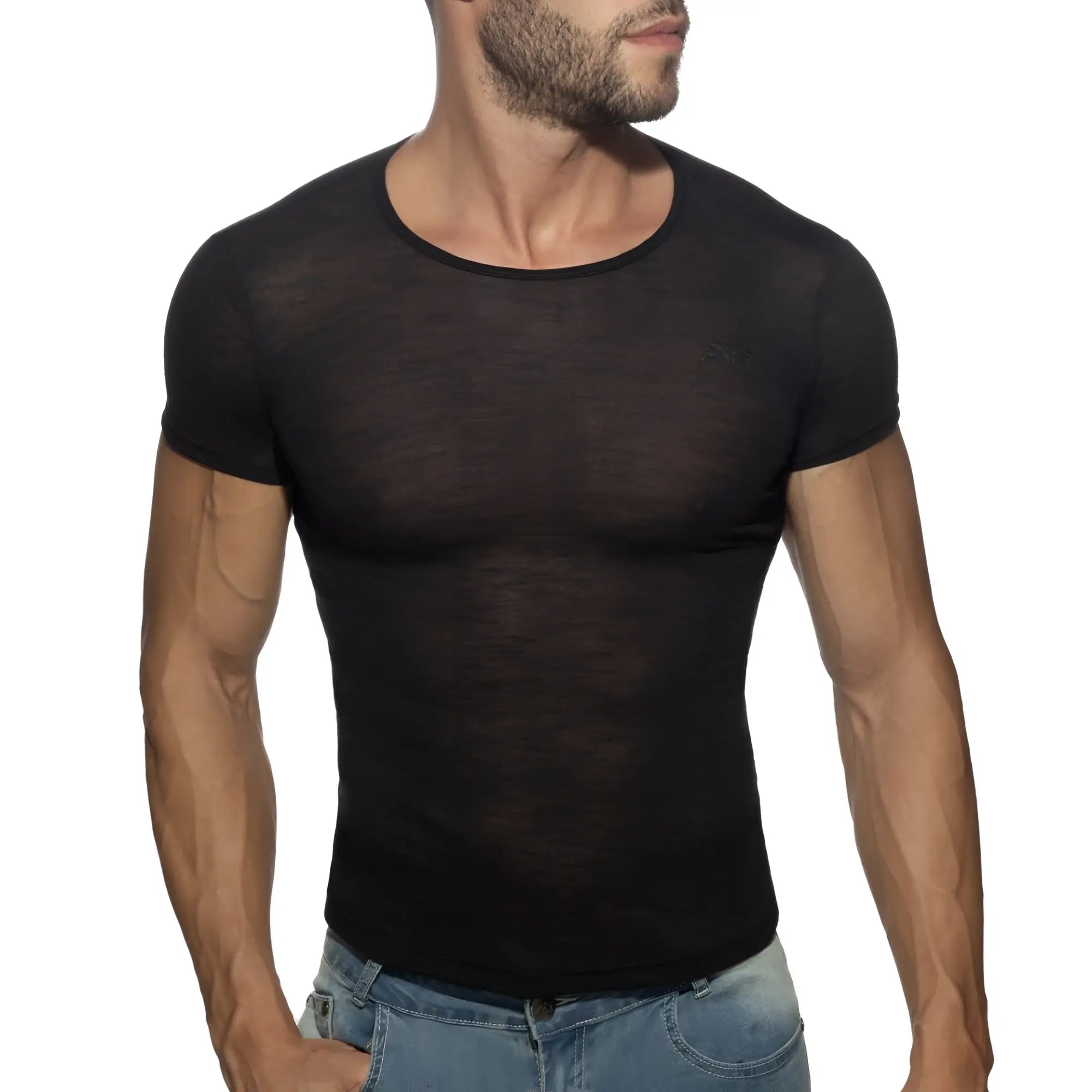 Thin flame t-shirt black sheer mesh short-sleeved with round neckline lightweight breathable casual wear