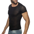 Black sheer mesh thin flame t-shirt with short sleeves and round neckline perfect for stylish layering
