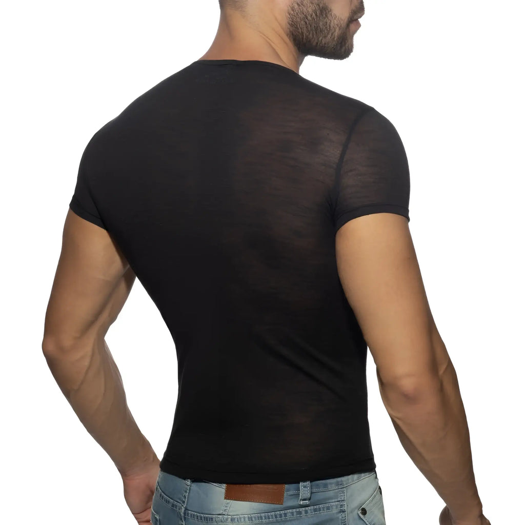 Black sheer short-sleeved thin flame t-shirt with fitted design made from lightweight breathable fabric