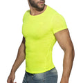 Bright neon yellow thin flame t-shirt with a fitted design and subtle brand logo on the chest