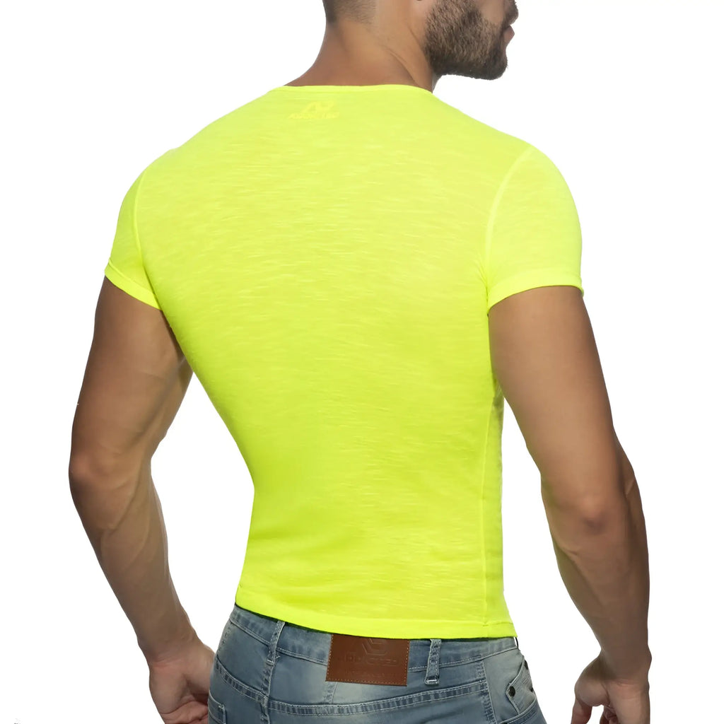 Bright neon yellow short-sleeved men’s fitted thin flame t-shirt ideal for casual wear in lightweight fabric