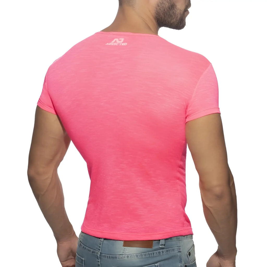 Back side of a vibrant pink thin flame t shirt with subtle textured fabric and arena brand logo for men