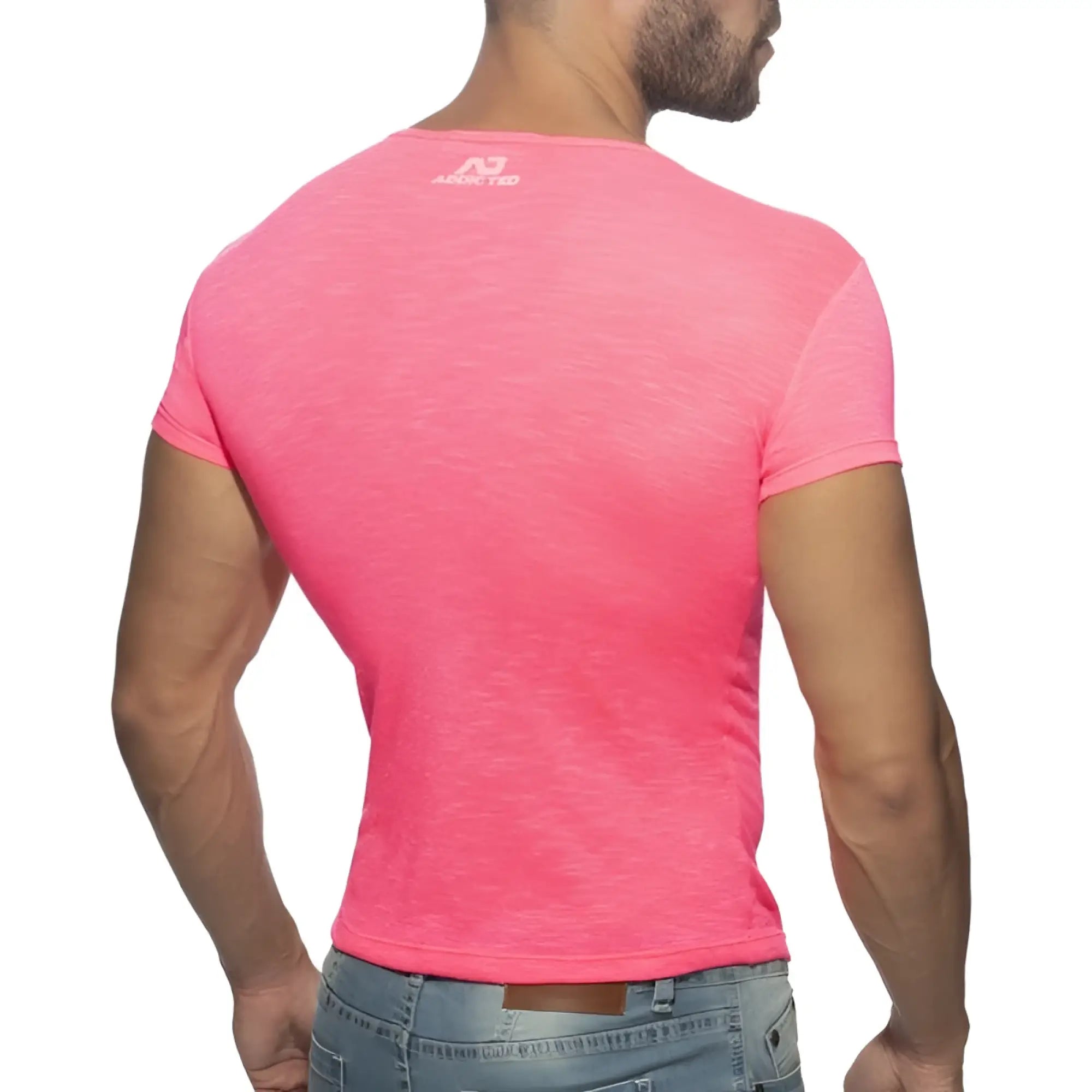 Back side of a vibrant pink thin flame t shirt with subtle textured fabric and arena brand logo for men