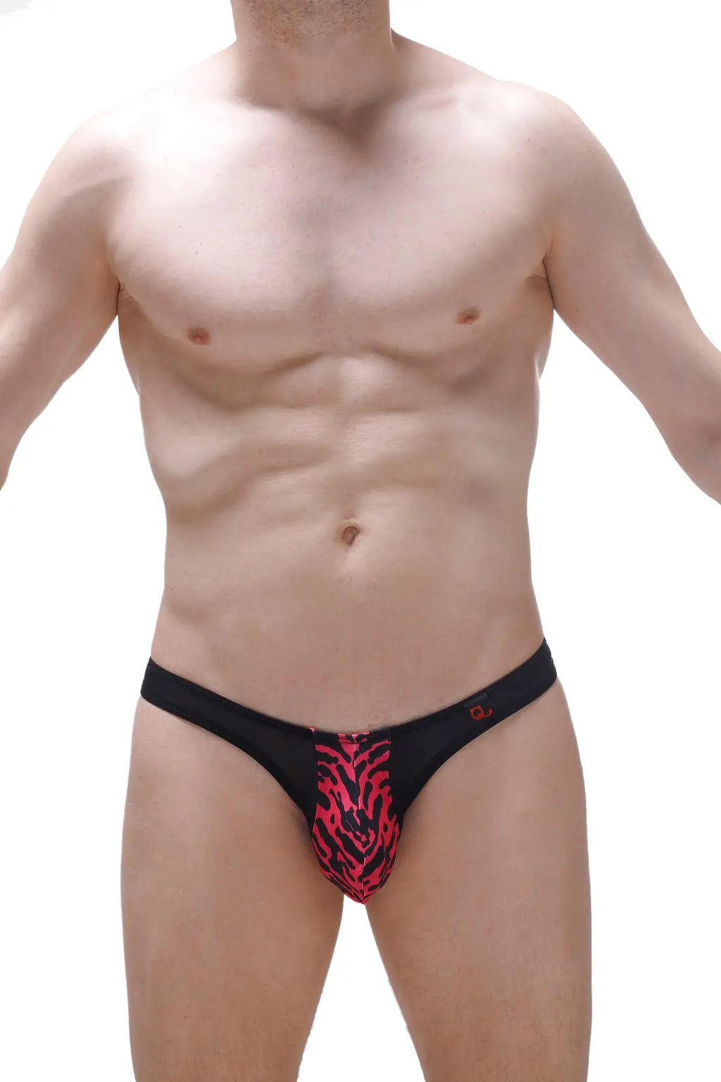 Black thong Andlau Ascan with bold red tiger stripe pattern across the front for stylish lingerie wear