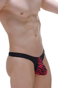 Black and red tiger-print thong Andlau Ascan with a sheer mesh waistband showing the back side of the product