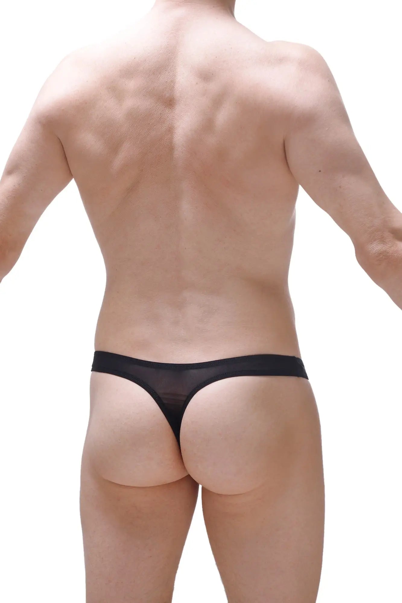 Black sheer mesh thong thong andlau ascan showing the back side with delicate see-through fabric design