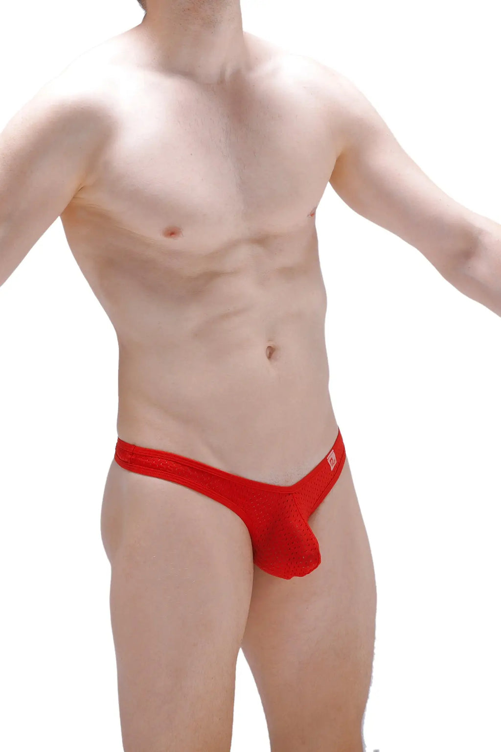 Red lace men’s thong auzas bee red with a small logo on the side made from delicate lace material