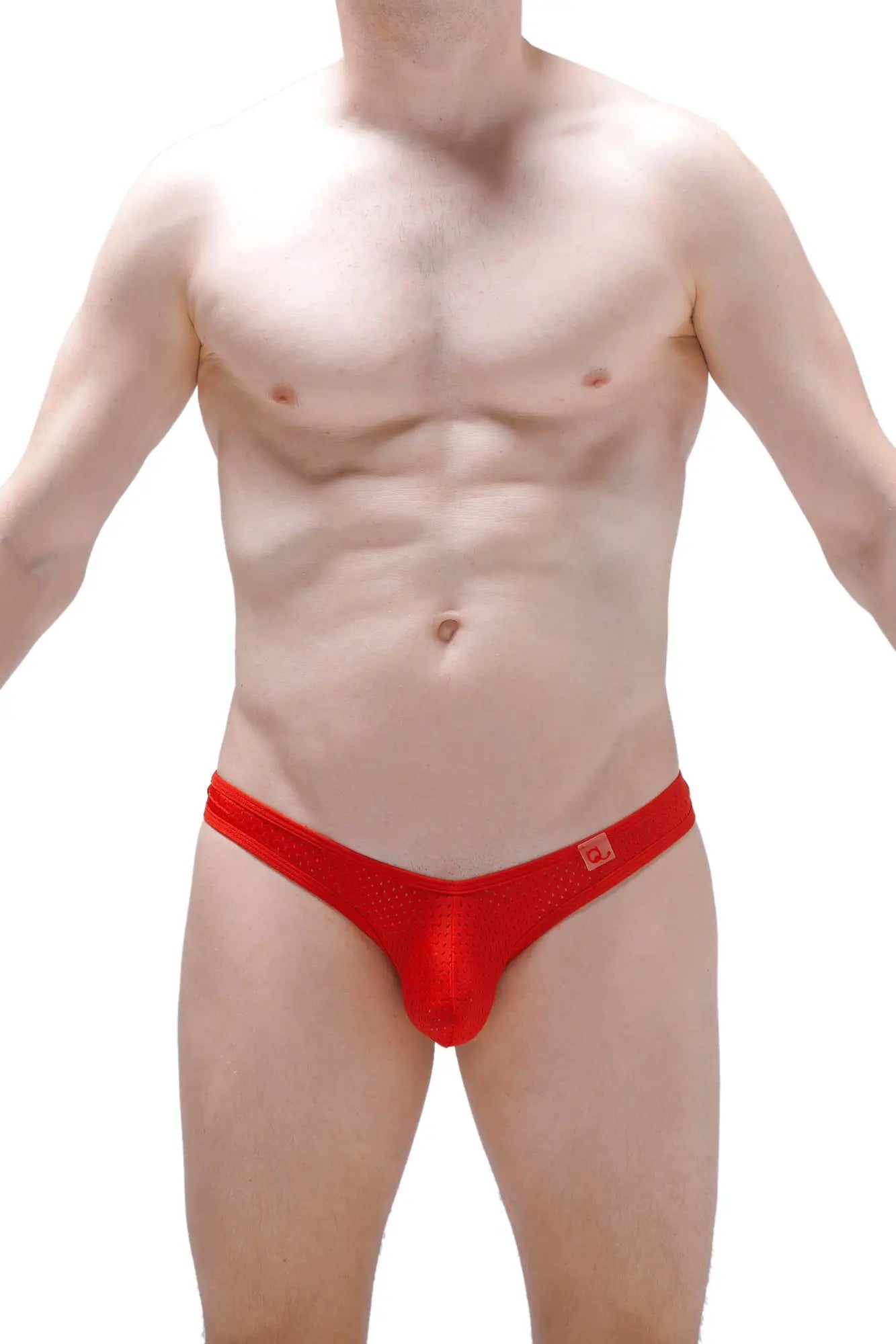 Red lace-trimmed men’s briefs thong auzas bee red with subtle textured pattern and small logo on the waistband