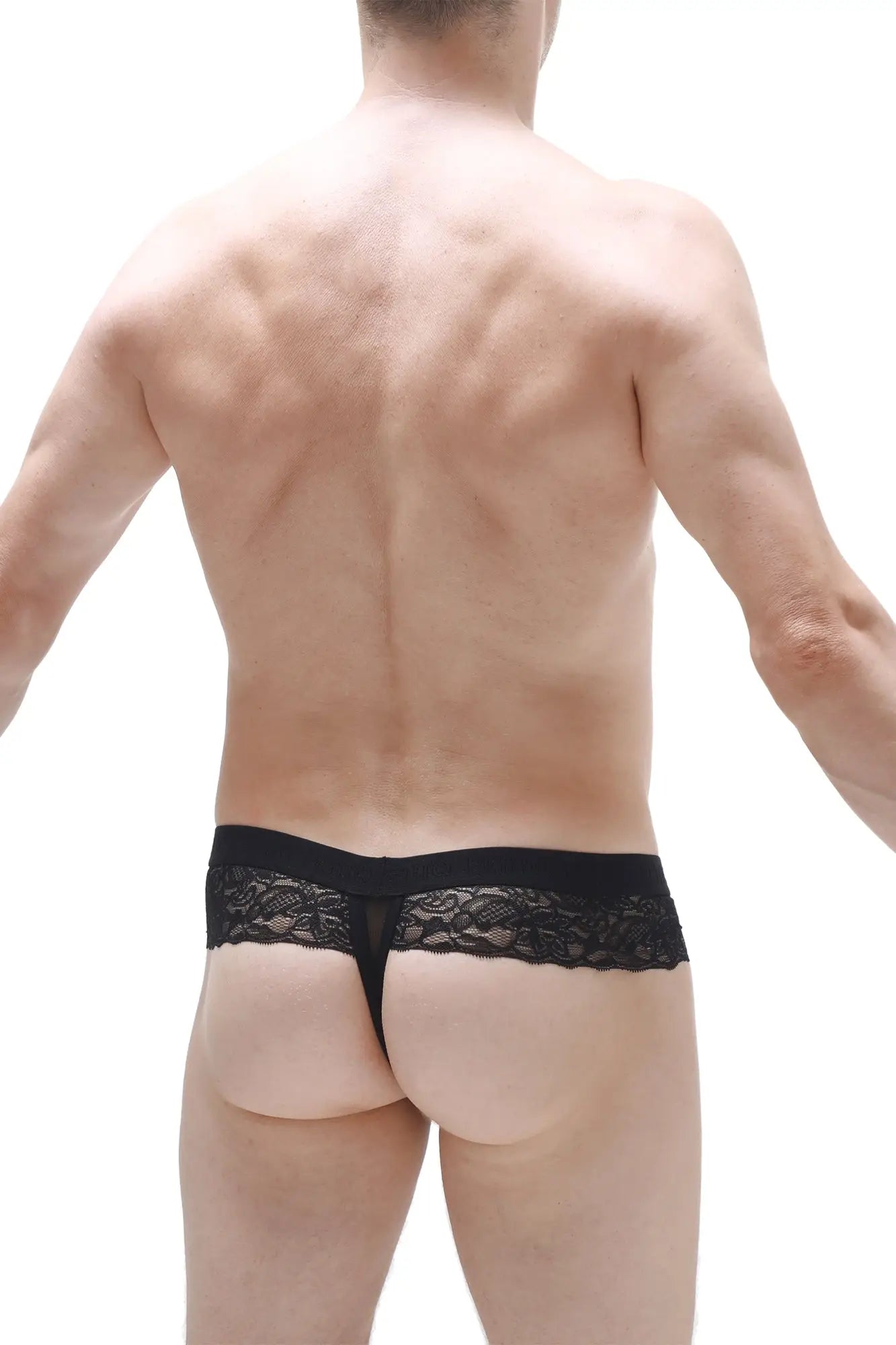 Black lace thong barboy black with a delicate intricate lace pattern along the waistband visible from the back side