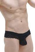 Black lace-trimmed men’s thong with sheer molded front panel in thong barboy black color and lace material