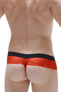 Red lace thong barboy with black elastic waistband showing front side detail