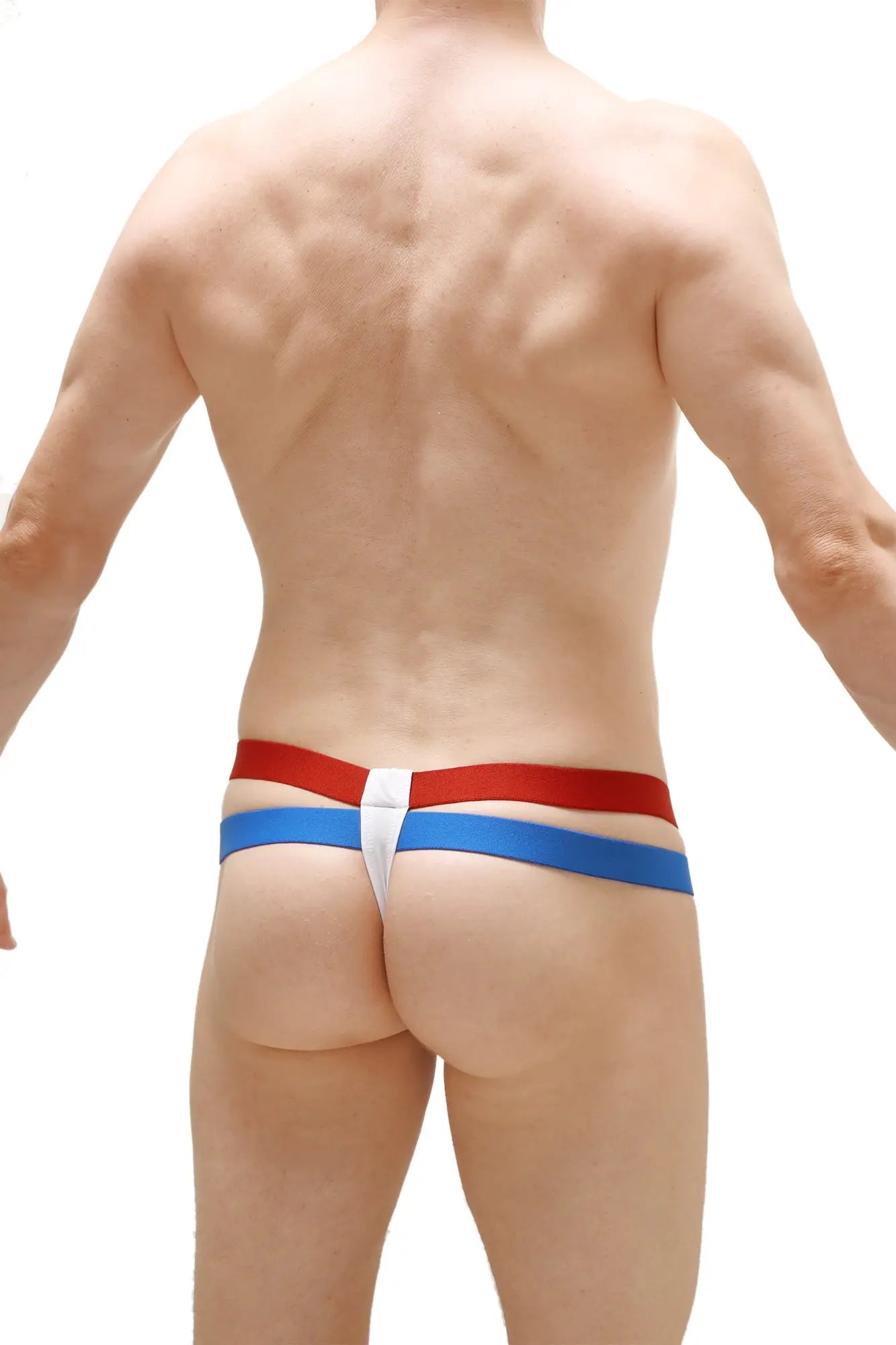 Thong Barro White striped thong with red and blue bands and a white central panel front side view