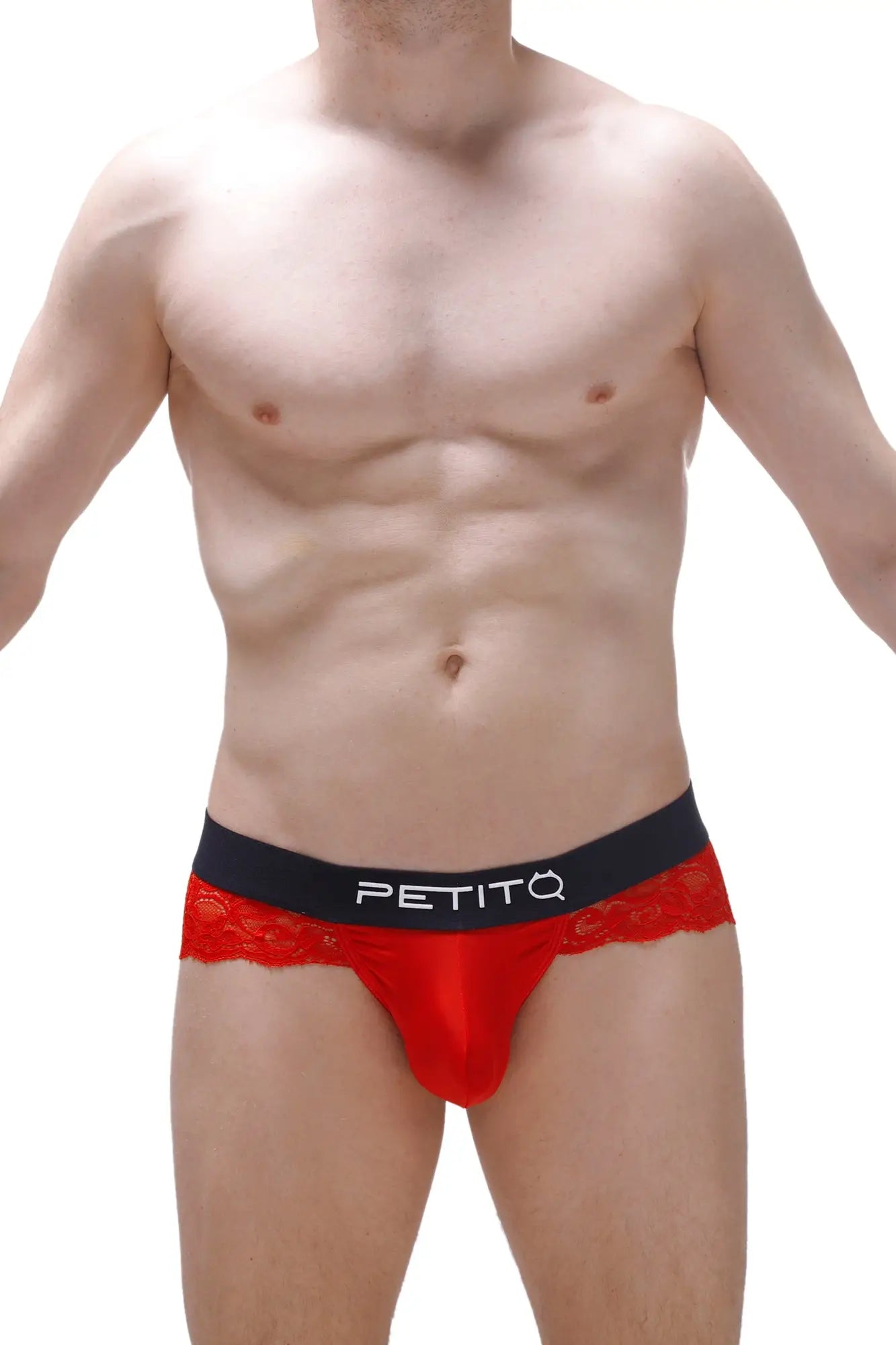 Red lace-trimmed men’s briefs with black petitq waistband in thong blécourt red style