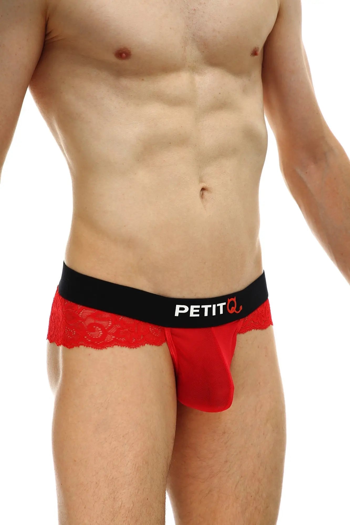 Red lace-trimmed men’s thong underwear with a black petitq logo waistband in the color red