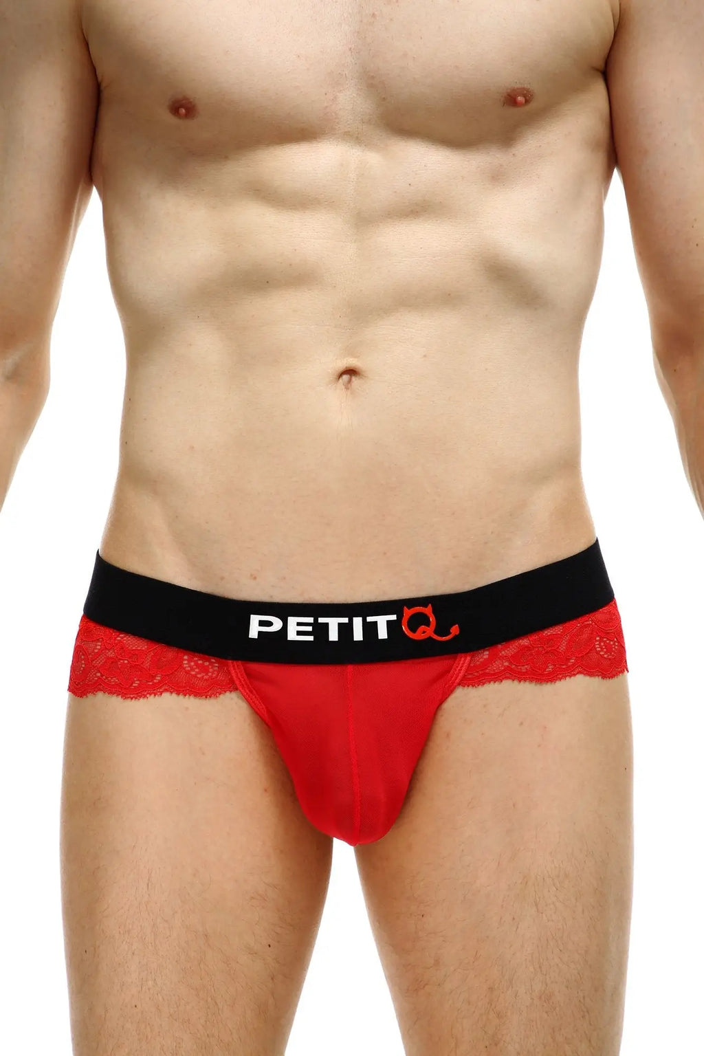 Red lace-trimmed petit q briefs with black waistband and brand logo designed for comfortable everyday wear