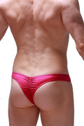 Bright red satin-like fabric thong bulan joe framboise briefs with ruched back design shown from the back side