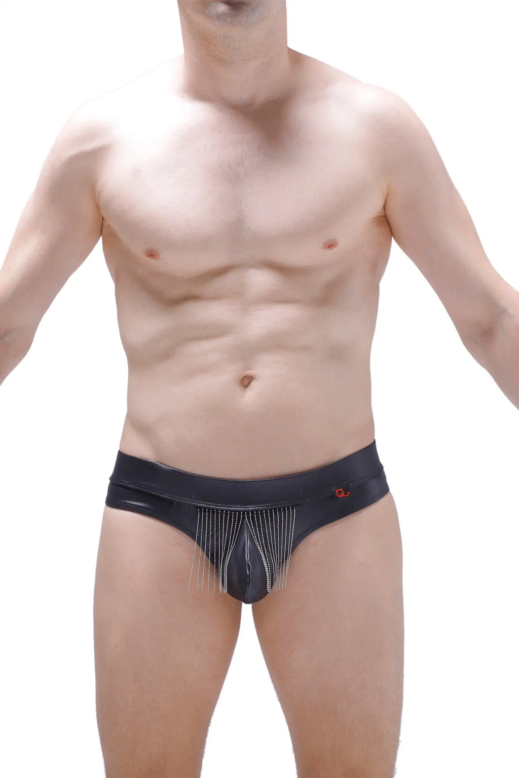 Black leather-like thong cabaret petitq with a central front panel decorated with dangling silver chains