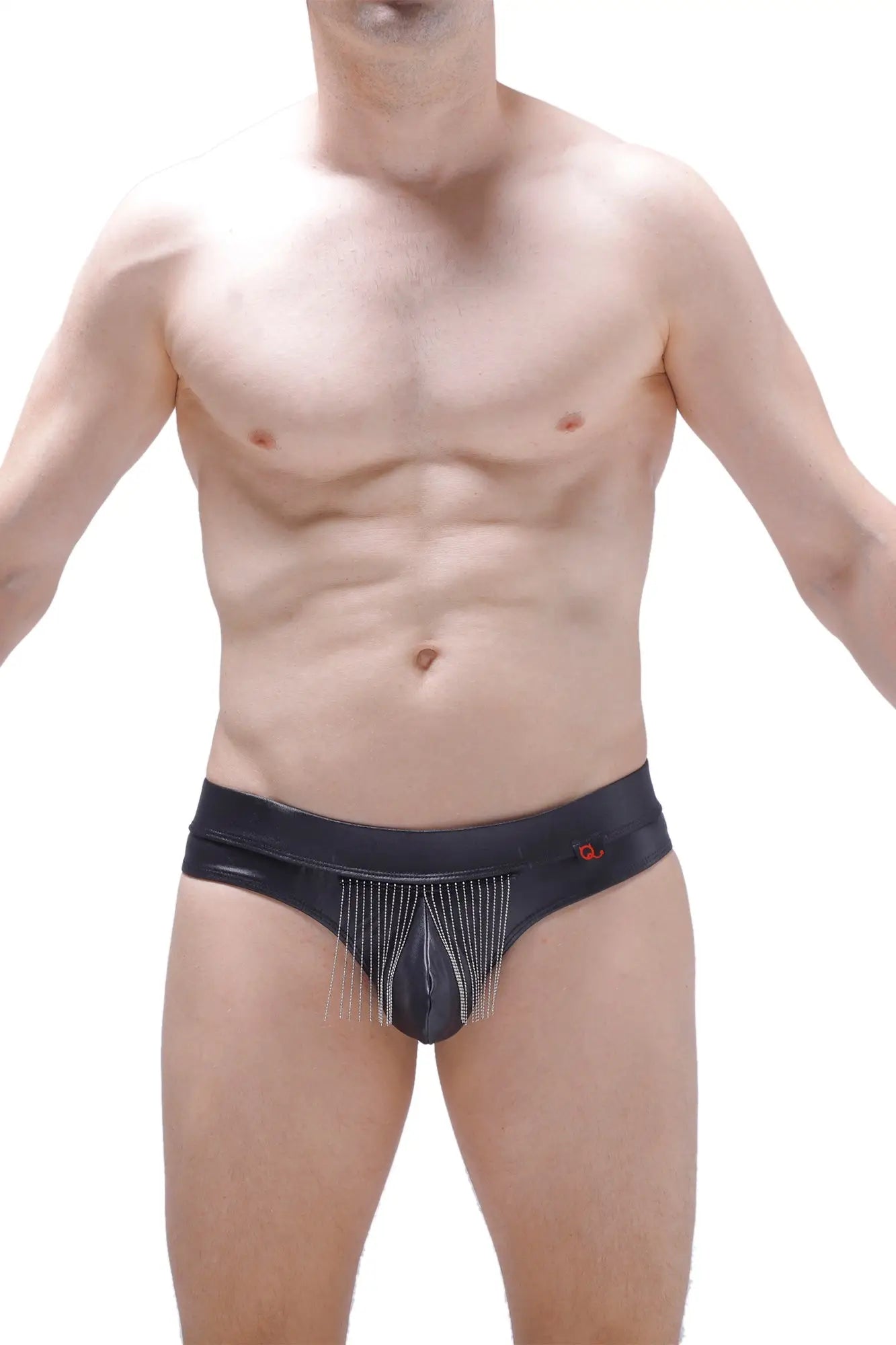 Black leather-like thong cabaret petitq with a central front panel decorated with dangling silver chains