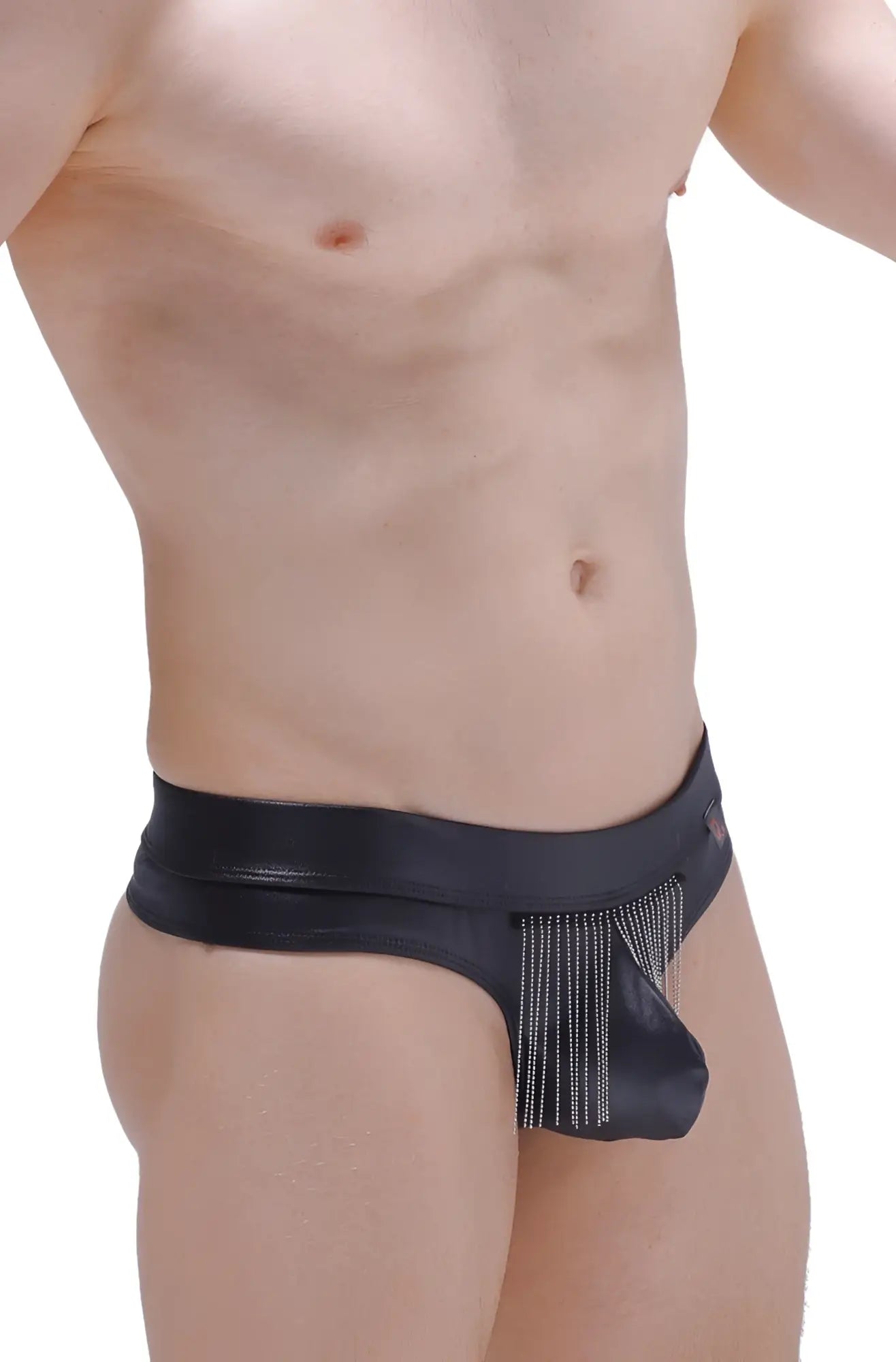 Black leather-like thong cabaret petitq briefs with decorative fringe detail